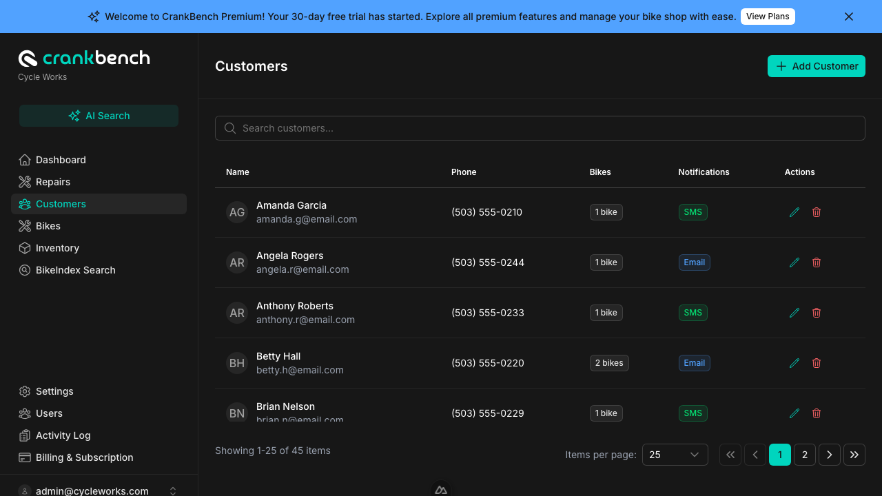 CrankBench Customer Management