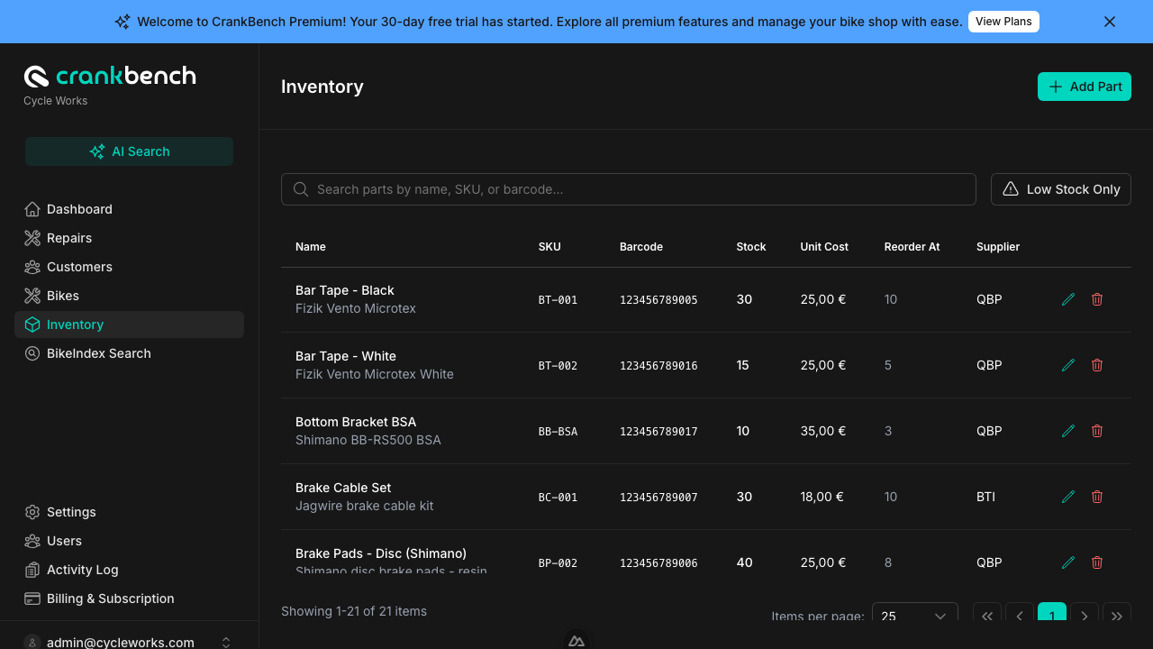 CrankBench Inventory