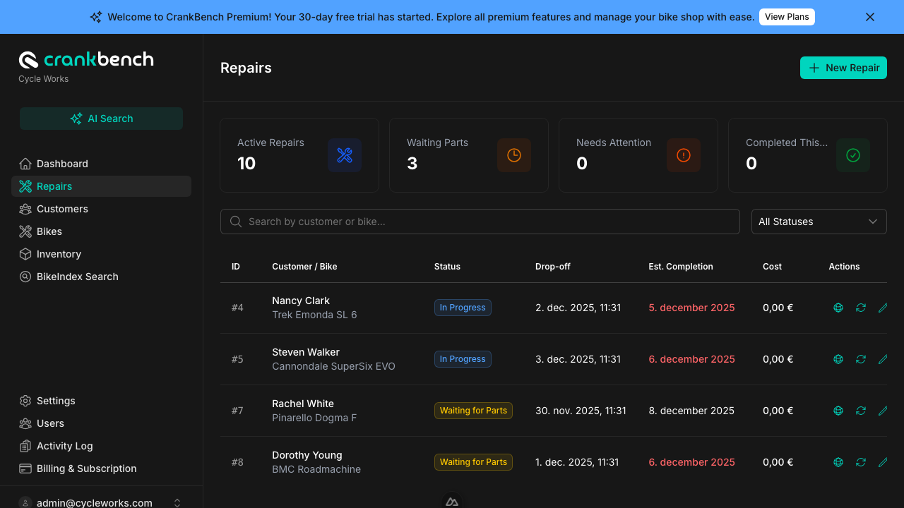 CrankBench Repairs Management